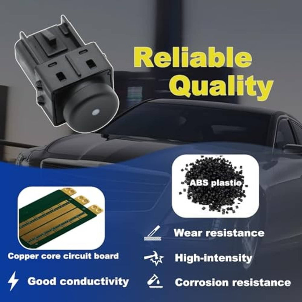 Black door latch release switch on gray connector base, with round push button