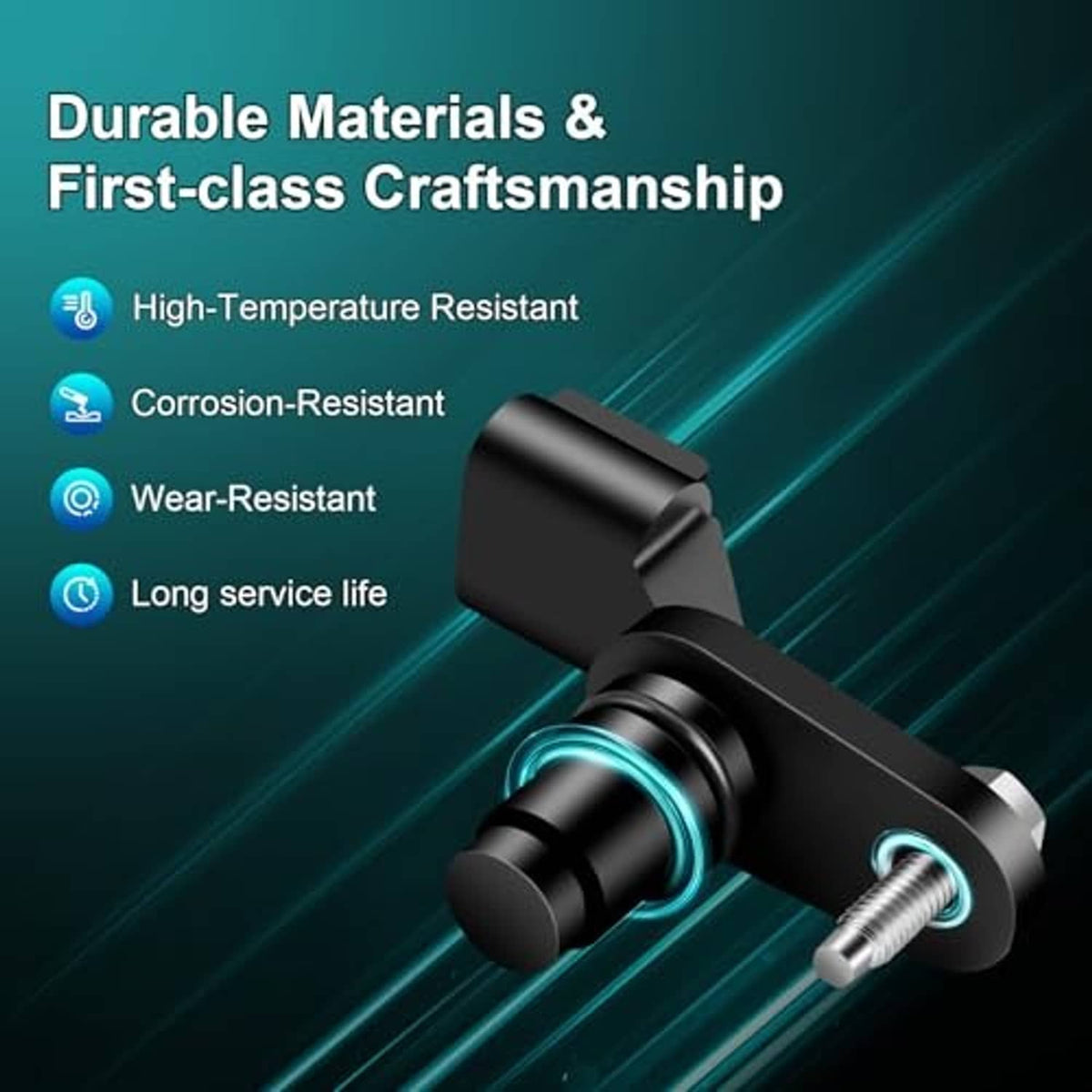 Black camshaft position sensor with cylindrical housing and metal mounting stud