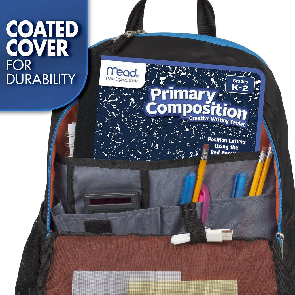 Primary Composition writing notebook inside a black-blue organizer bag with pencils
