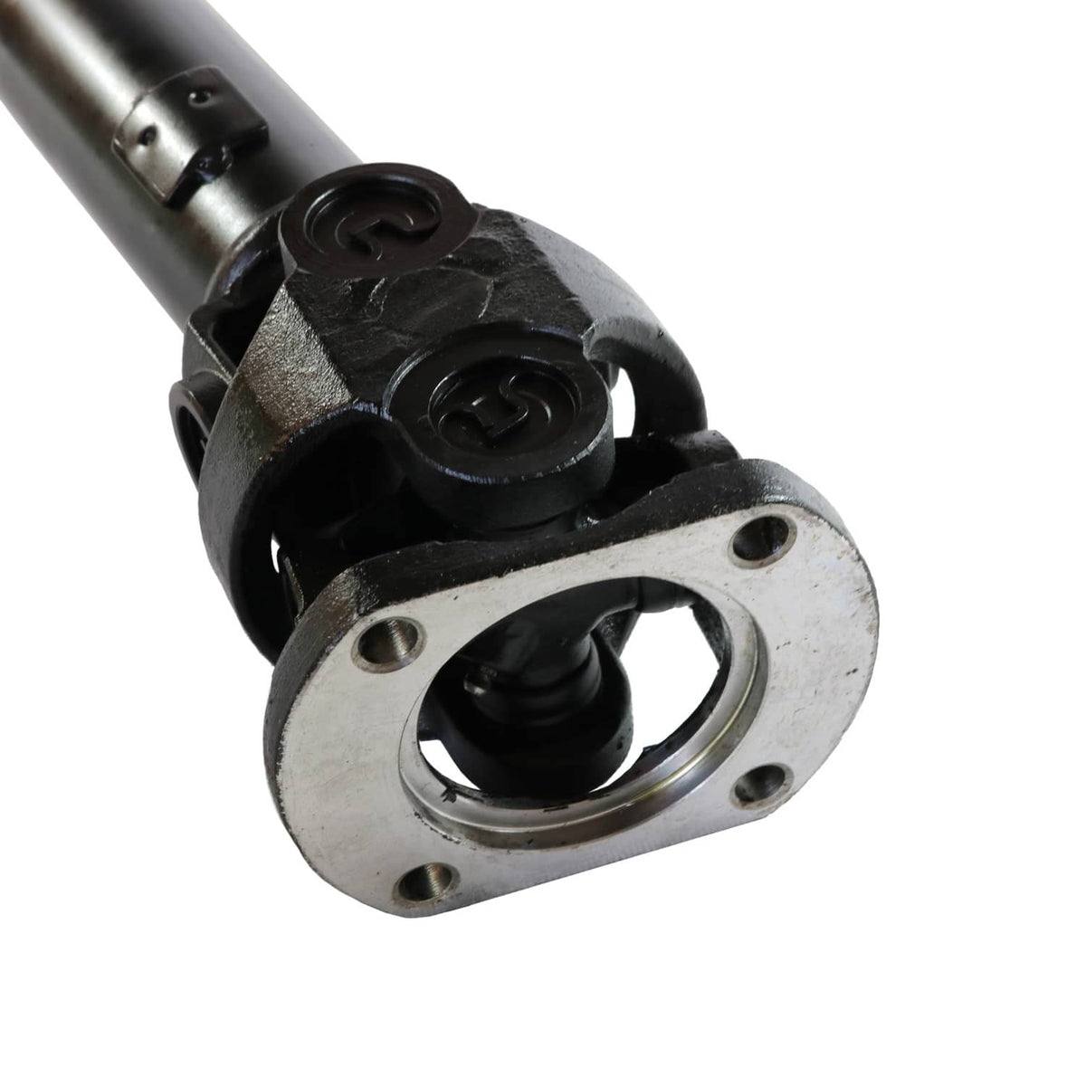 Front drive shaft yoke flange with round cap opening and black joint housing