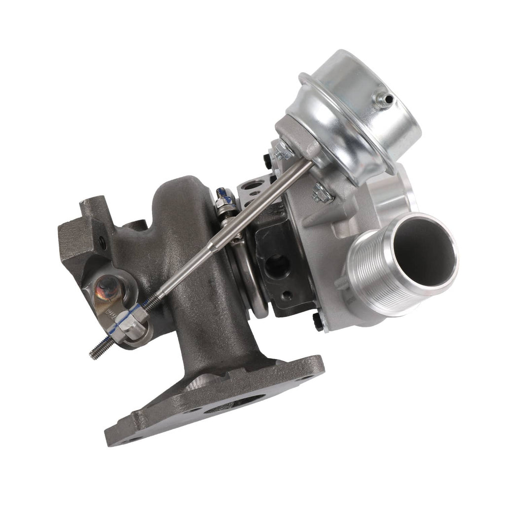 Left turbocharger with cast exhaust housing and silver compressor inlet