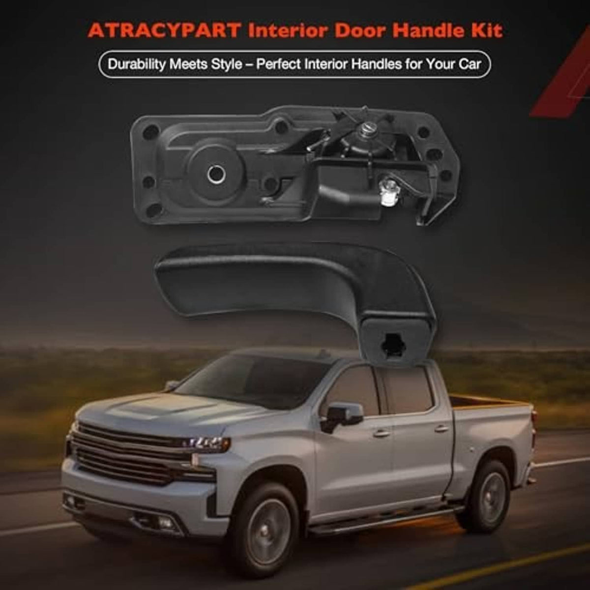 Driver-side interior door handle installed on vehicle door, black handle grip