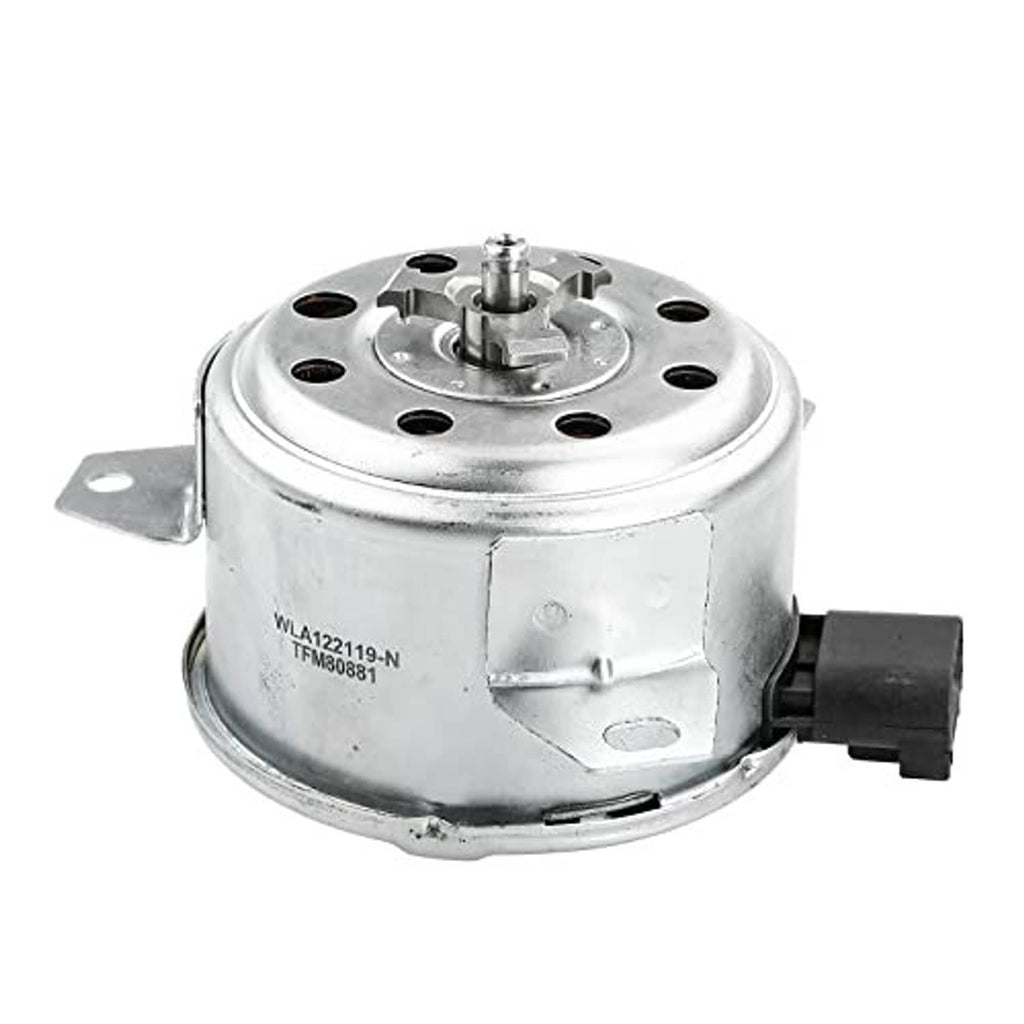 Radiator fan cooling motor with silver housing, top shaft, and right-side black connector