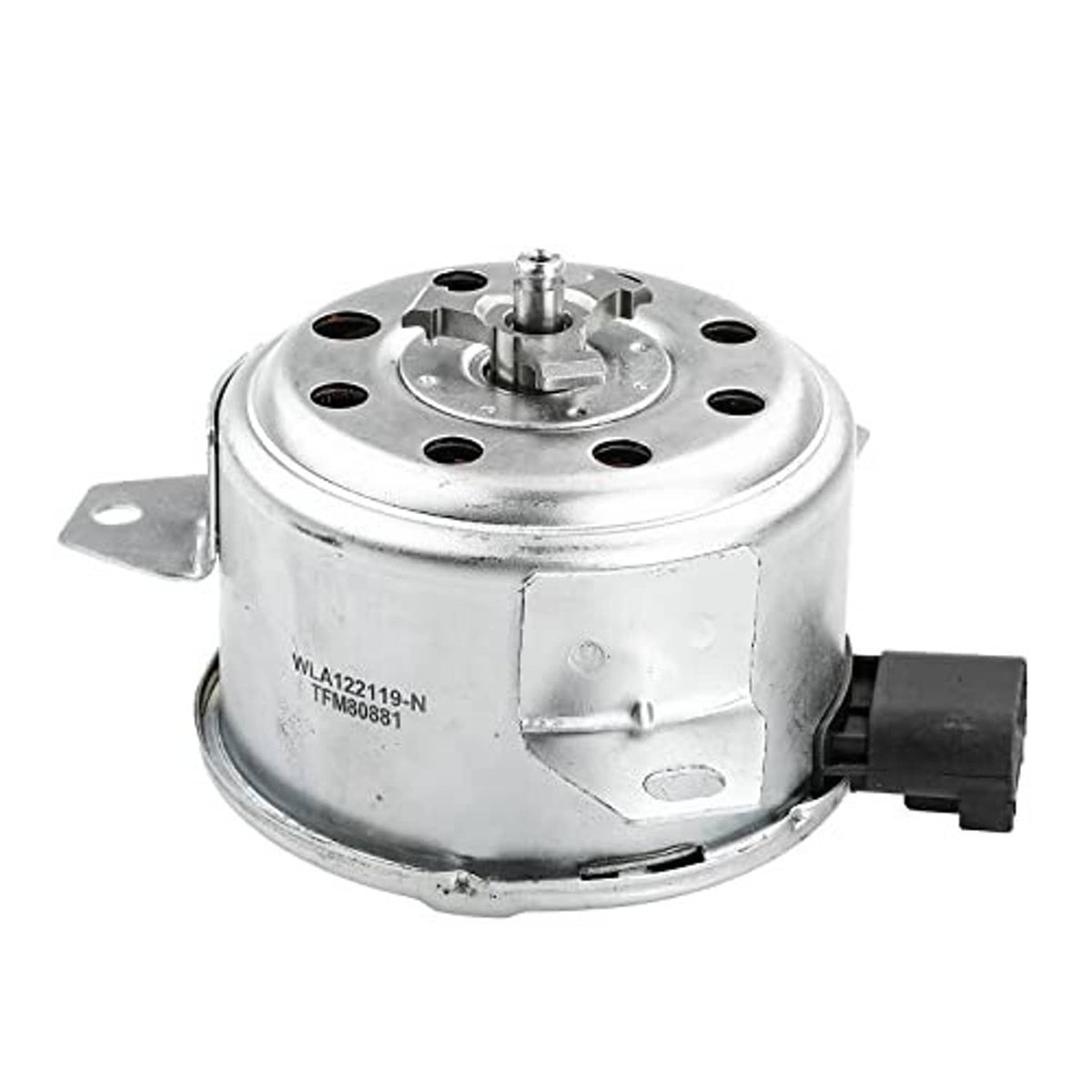 Radiator fan cooling motor with silver housing, top shaft, and right-side black connector