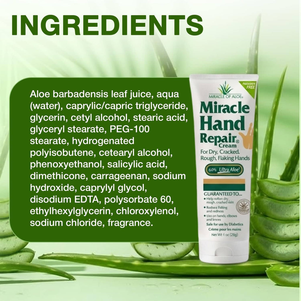 Hand repair cream ingredients panel beside Miracle of Aloe hand repair cream tube