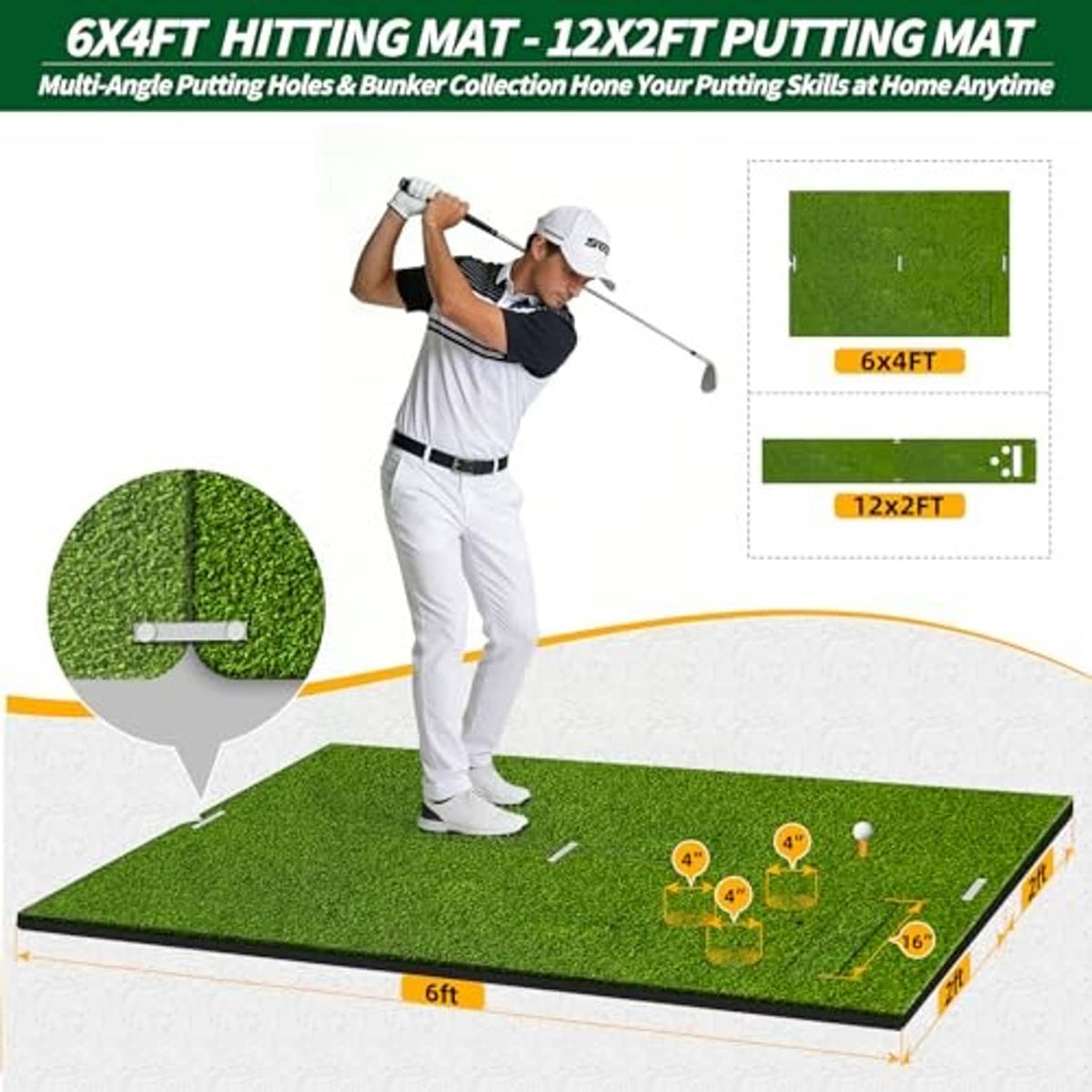 Green dual-size golf hitting mat with inset putting areas and practice accessories