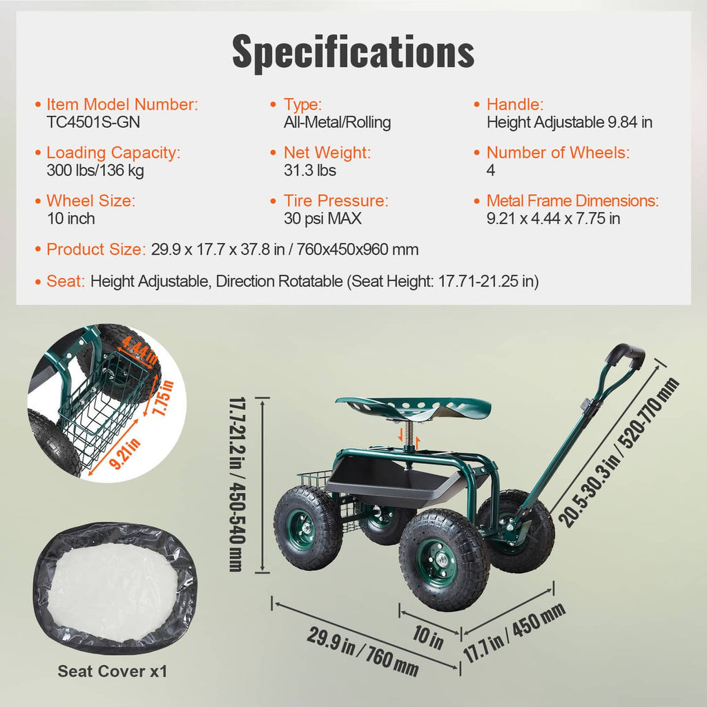 Green garden cart specifications view with seat cover and four-wheel layout