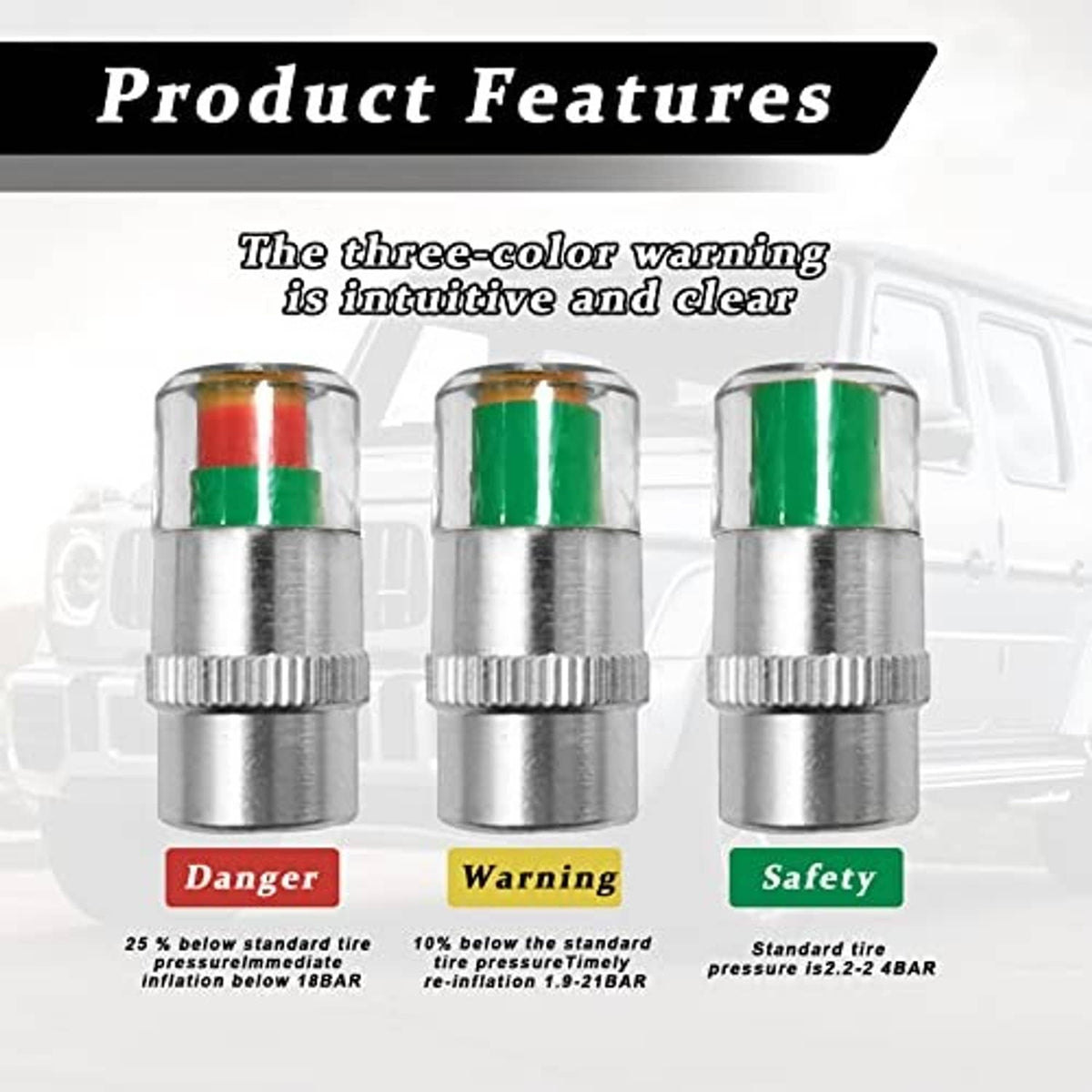 Three tire valve stem caps with red, yellow, and green indicator bands