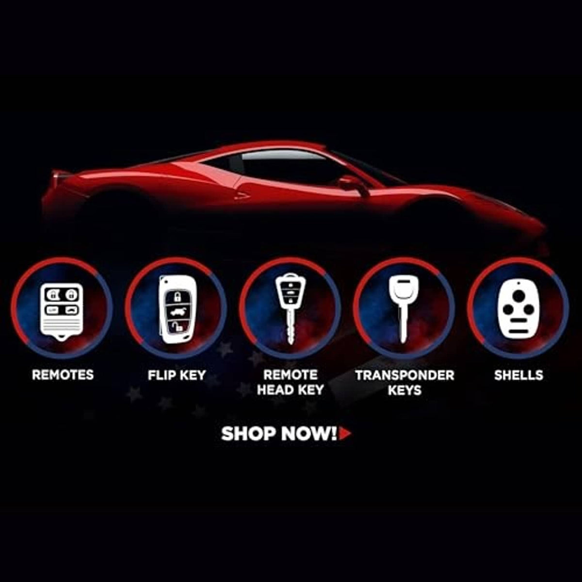 Keyless remote types promotion graphic with remotes, flip key, transponder, and shells