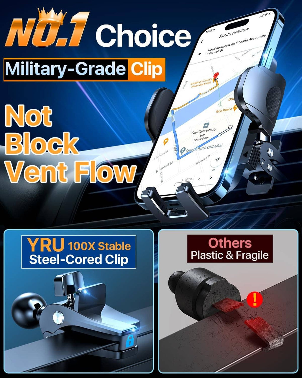 Clip-style car phone holder mount with spring grip vent attachment and cradle