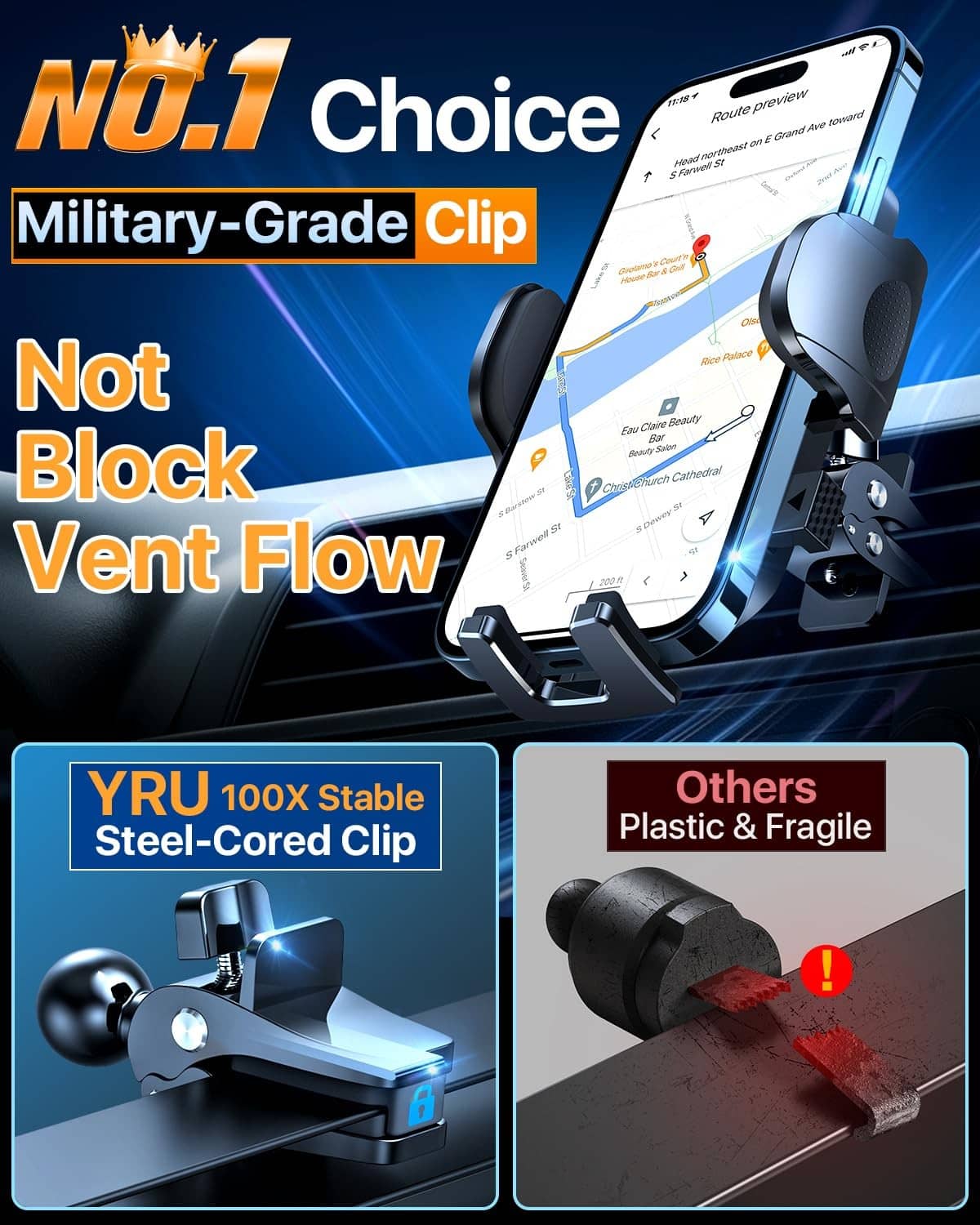 Clip-style car phone holder mount with spring grip vent attachment and cradle