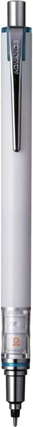 White mechanical pencil with silver metal tip and blue rotating core section