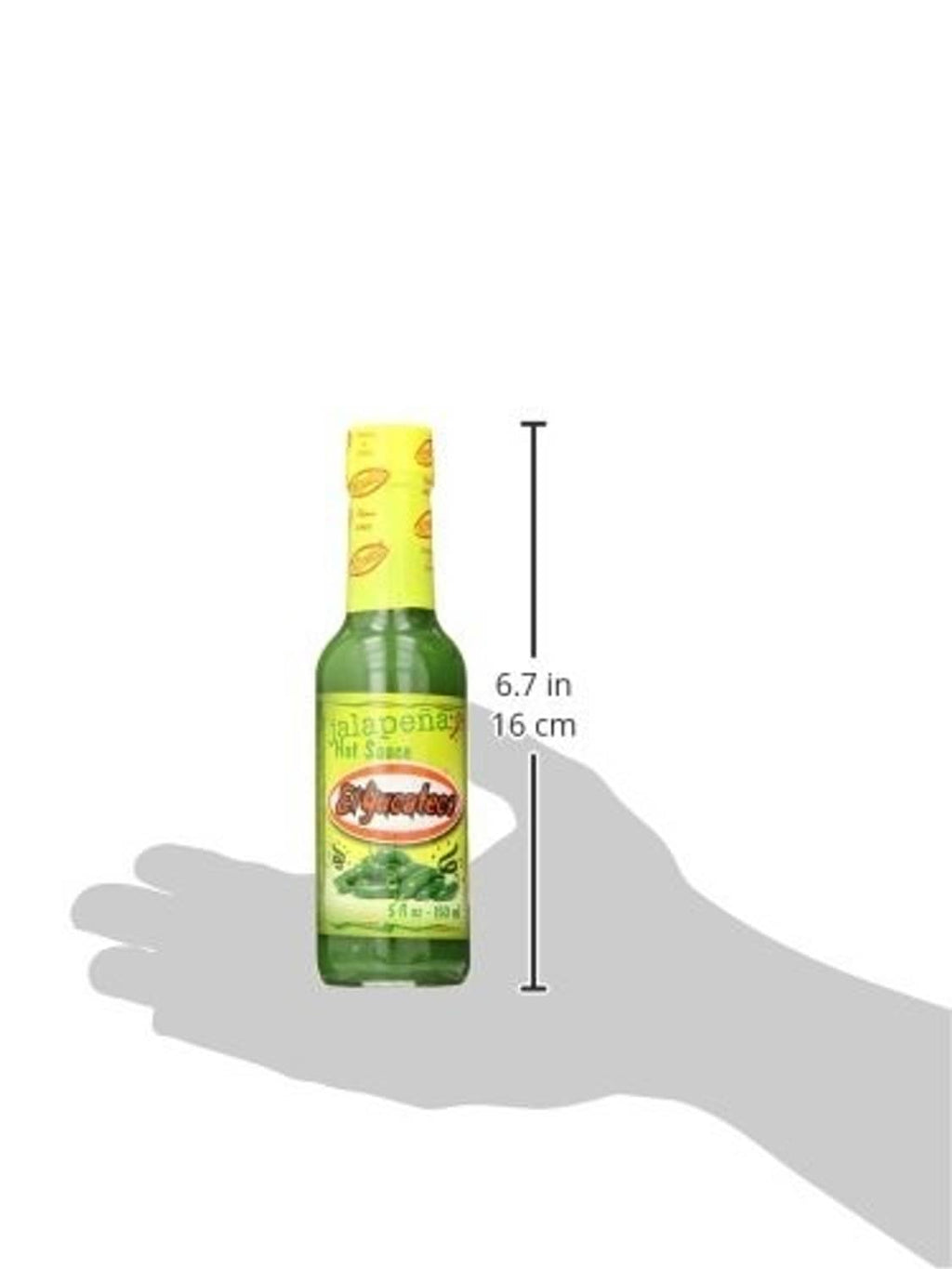 Jalapeno hot sauce bottle shown with height 6.7 in and 16 cm scale