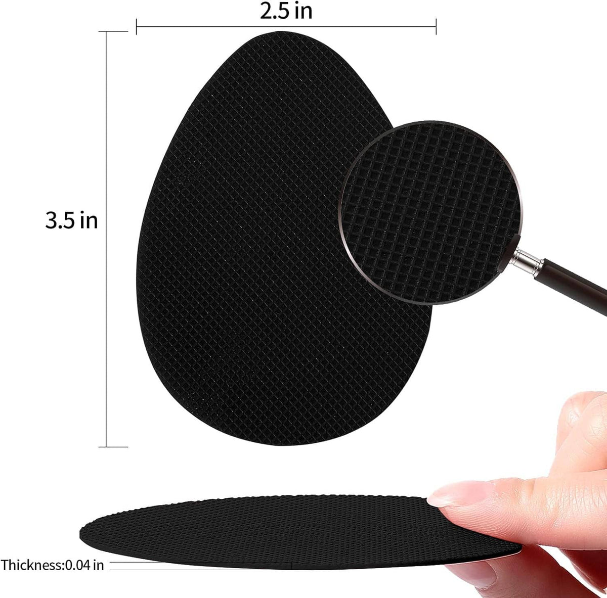 Black shoe sole grip pad with thickness and size shown in a close-up