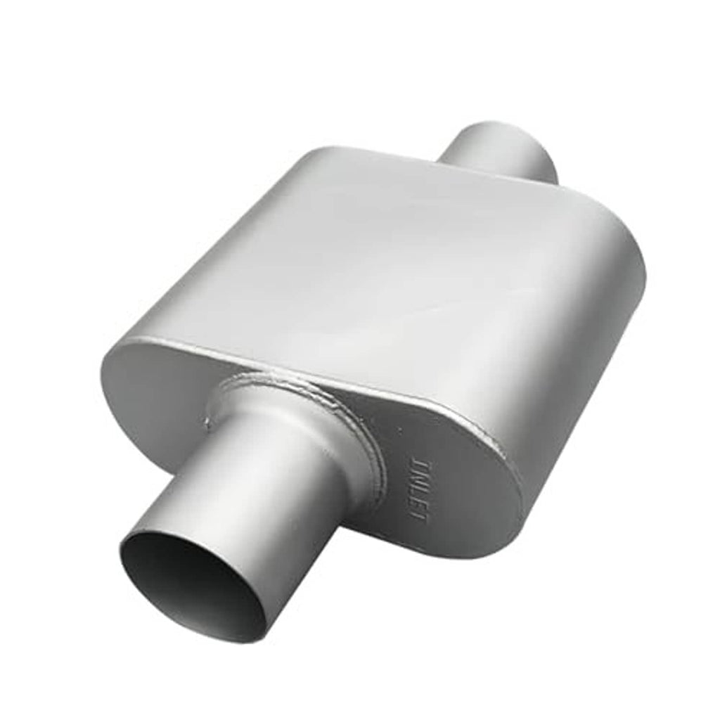 Silver single-chamber muffler with 2.5-inch ID inlet/outlet and side view