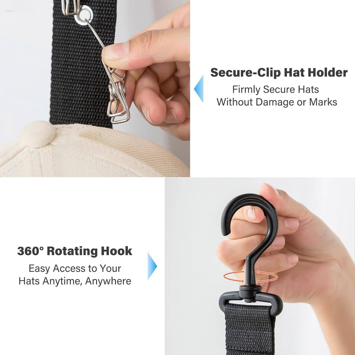 Black secure-clip hat holder with metal rings; hand adjusts the strap