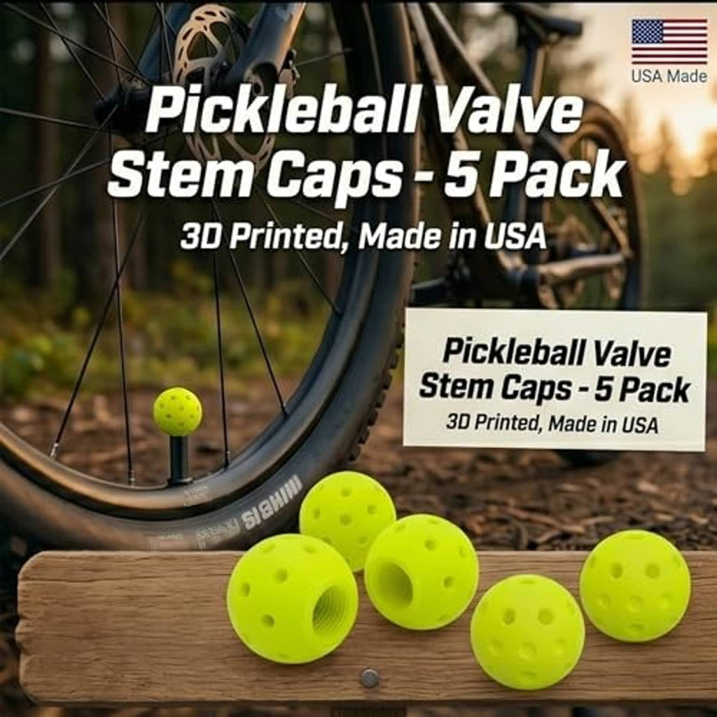 Five lime-green 3D-printed valve stem caps shaped like pickleball balls (5-pack).