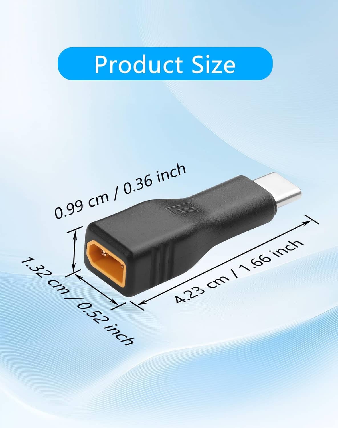 Black USB-C to XT30 adapter with size dimensions for length and width