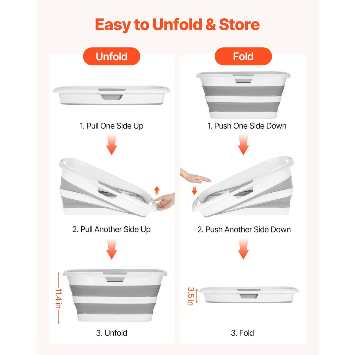 Collapsible pet bath tub shown folded and unfolded with gray and white sections