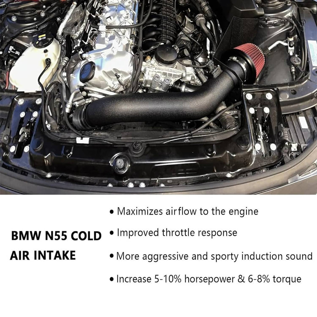 Cold air intake system with red panel air filter and black intake tubing in engine bay