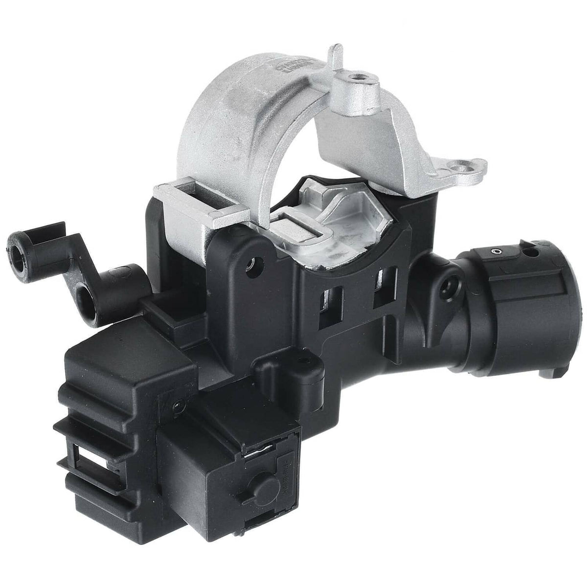 Ignition switch housing with black plastic casing and gray mounting bracket, side terminals