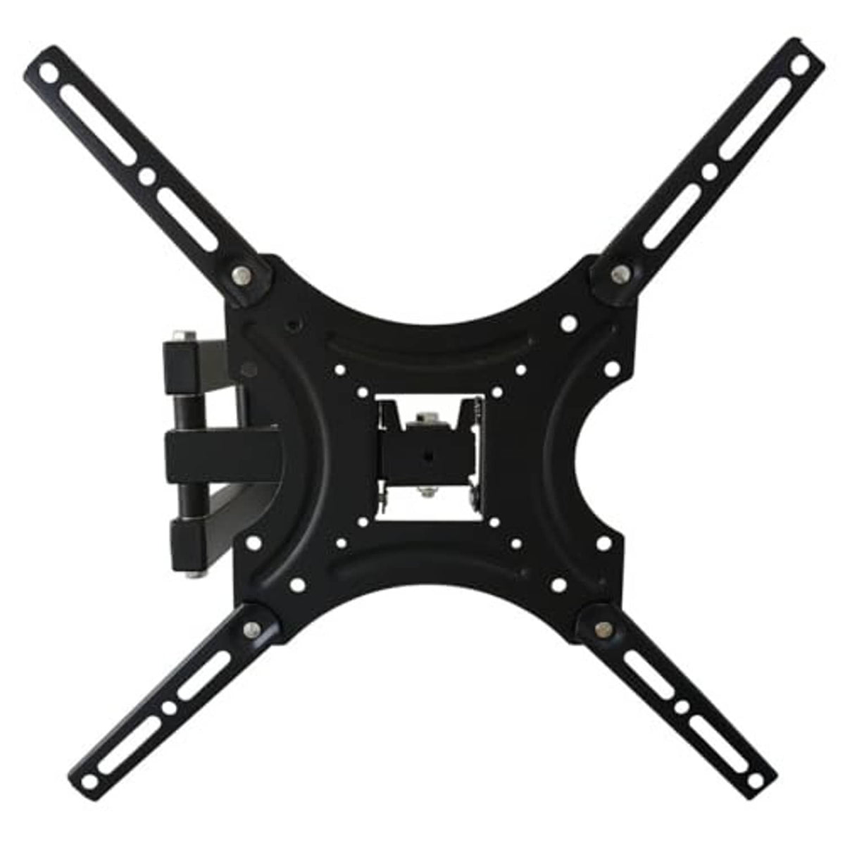 TV wall mount bracket with central VESA plate and two vertical hinge arms, black.