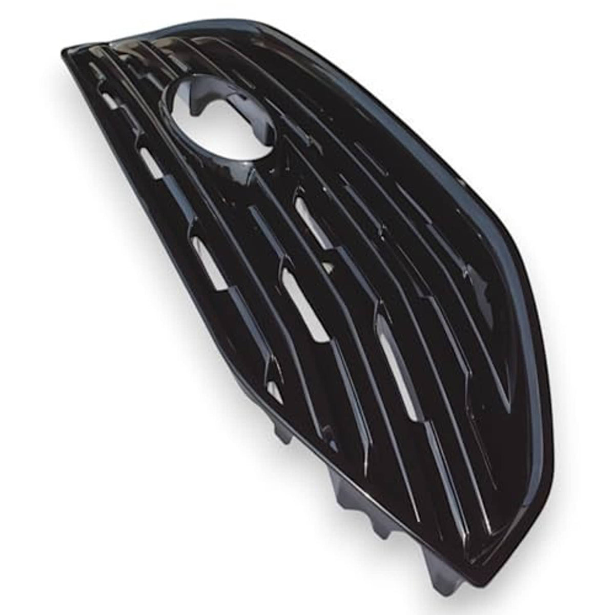 Gloss black front grille overlay angled view with slatted openings and round center opening