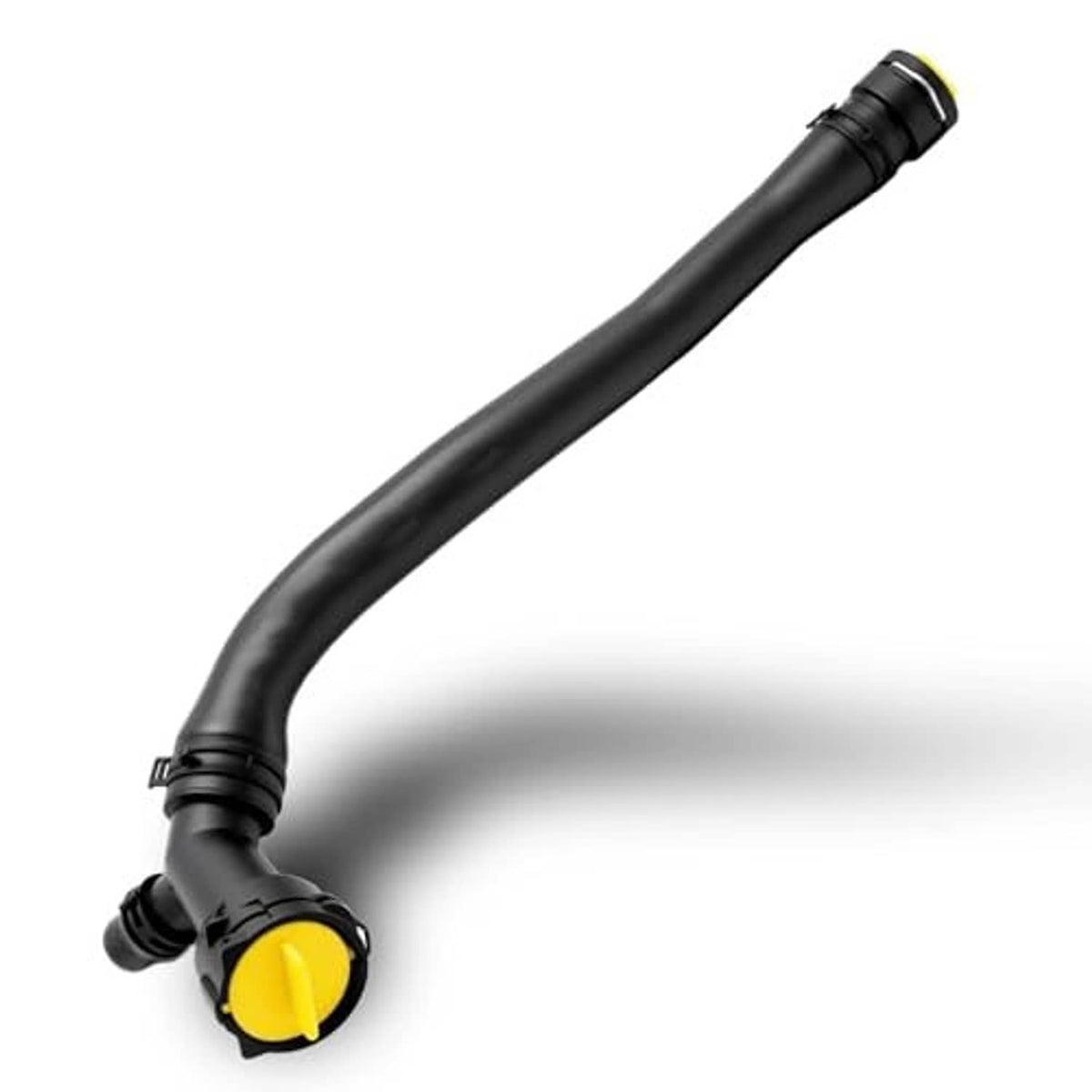 Black upper radiator coolant hose with yellow-topped outlet and curved section fittings