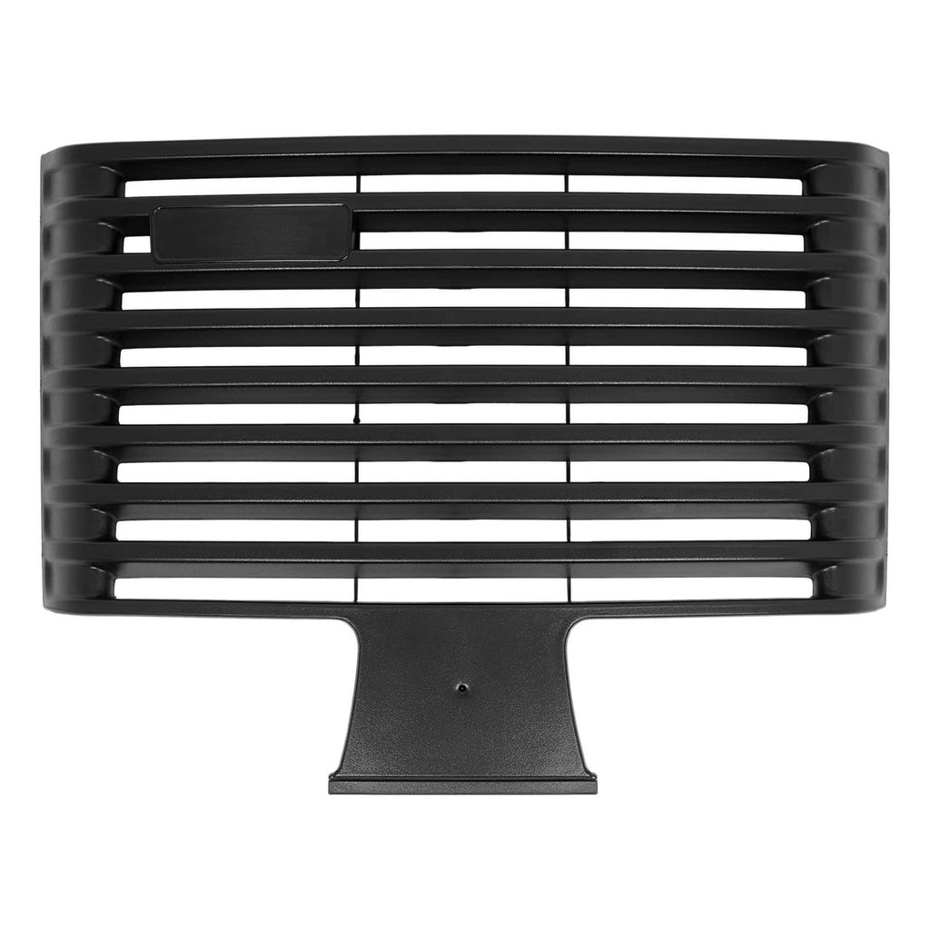 Black front grille with horizontal slats and central pedestal base