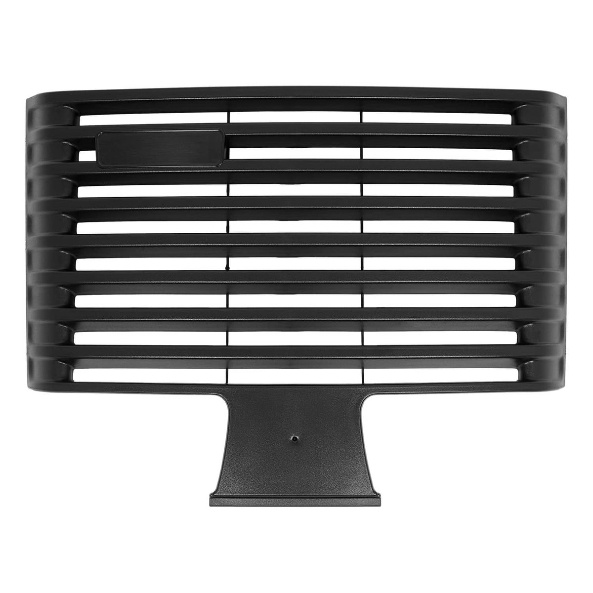 Black front grille with horizontal slats and central pedestal base