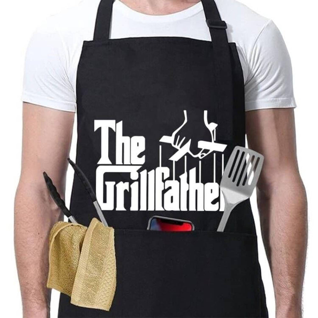 Black grilling apron with adjustable neck strap, front graphic, large front pocket, yellow towel