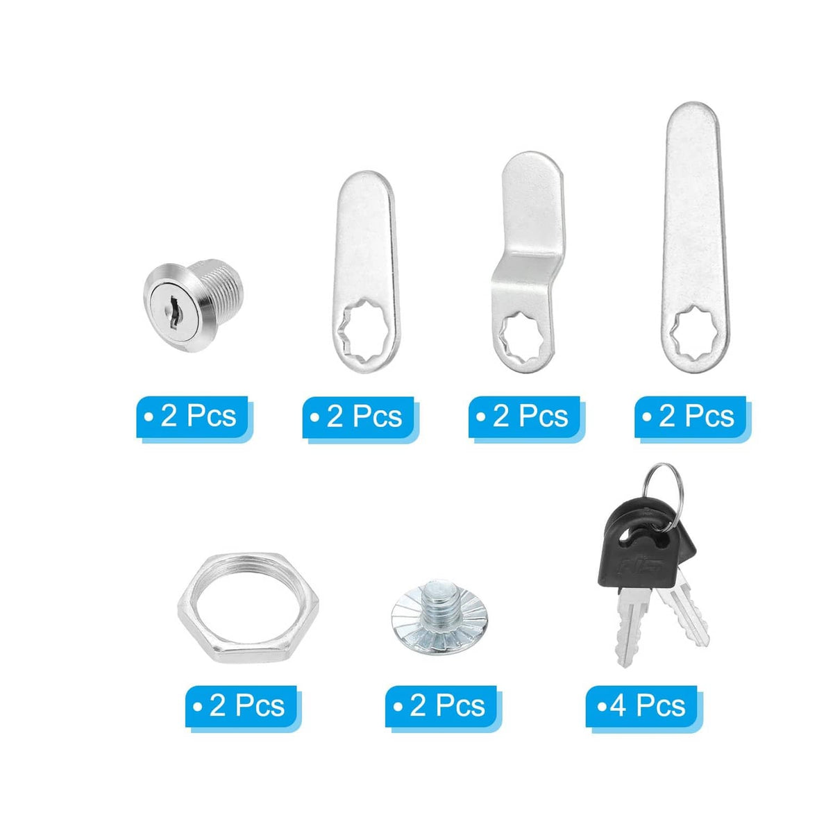 Silver keyed alike cabinet locks with two keys and 2-pack cylinder bodies