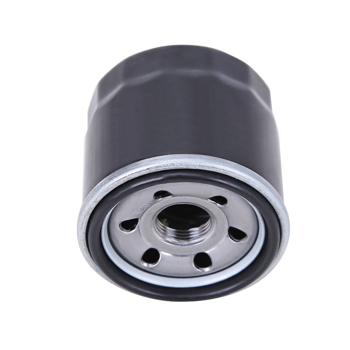 Oil filter cartridge face view with circular ports and threaded inlet, dark housing