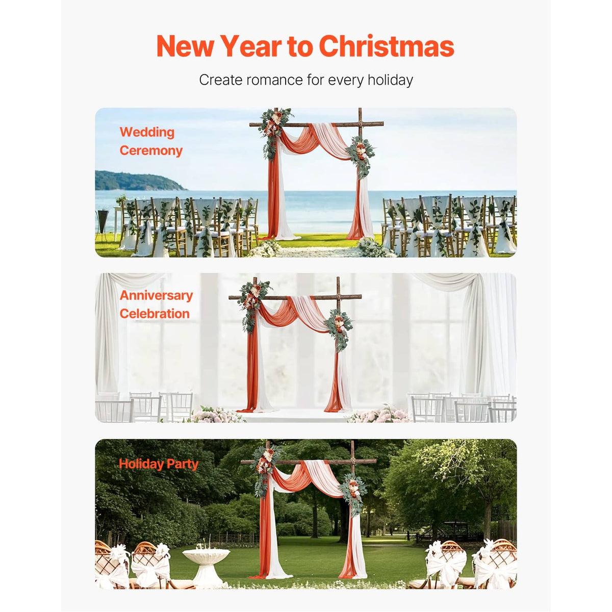 Wedding arch decor set with wooden cross, floral garlands, and orange and white drapes