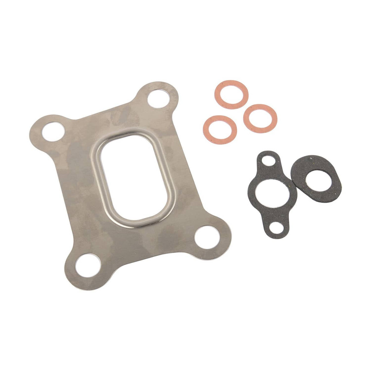 Turbocharger gasket and seal set with metal plate and copper O-rings