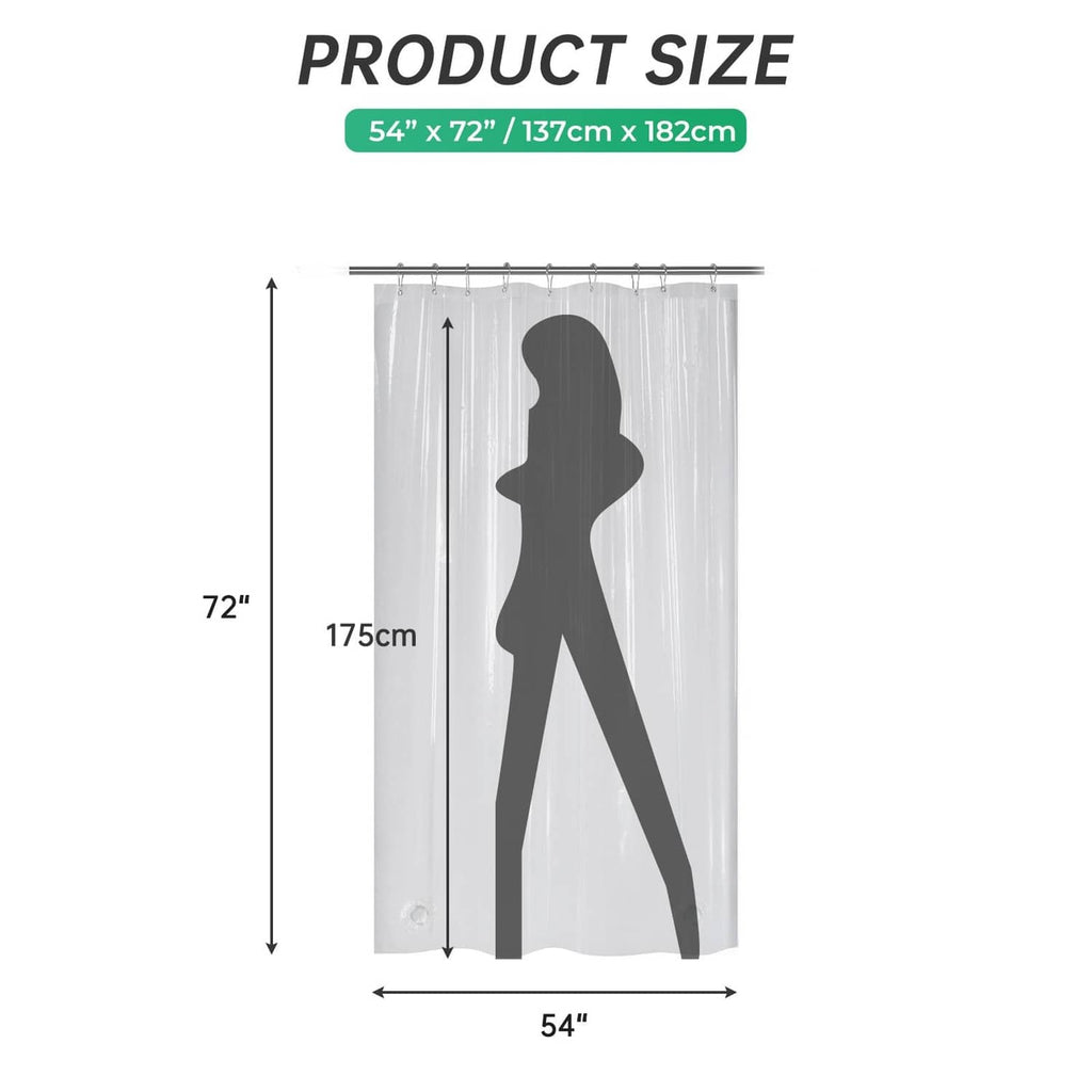 54 x 72 in clear shower curtain liner size diagram with person silhouette