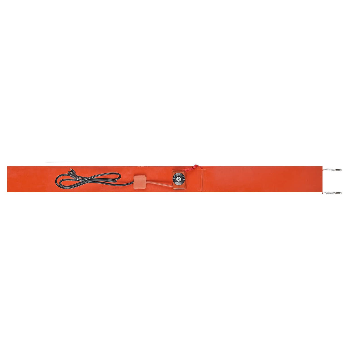 Orange drum heater with power cord and temperature control dial on 55-gallon band