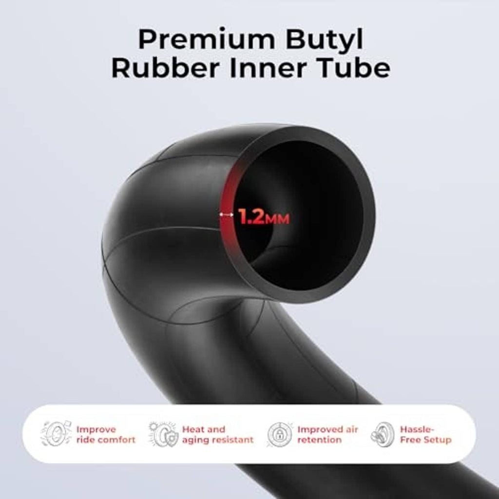 Black butyl rubber inner tube cutaway showing 1.2mm thickness and valve stem