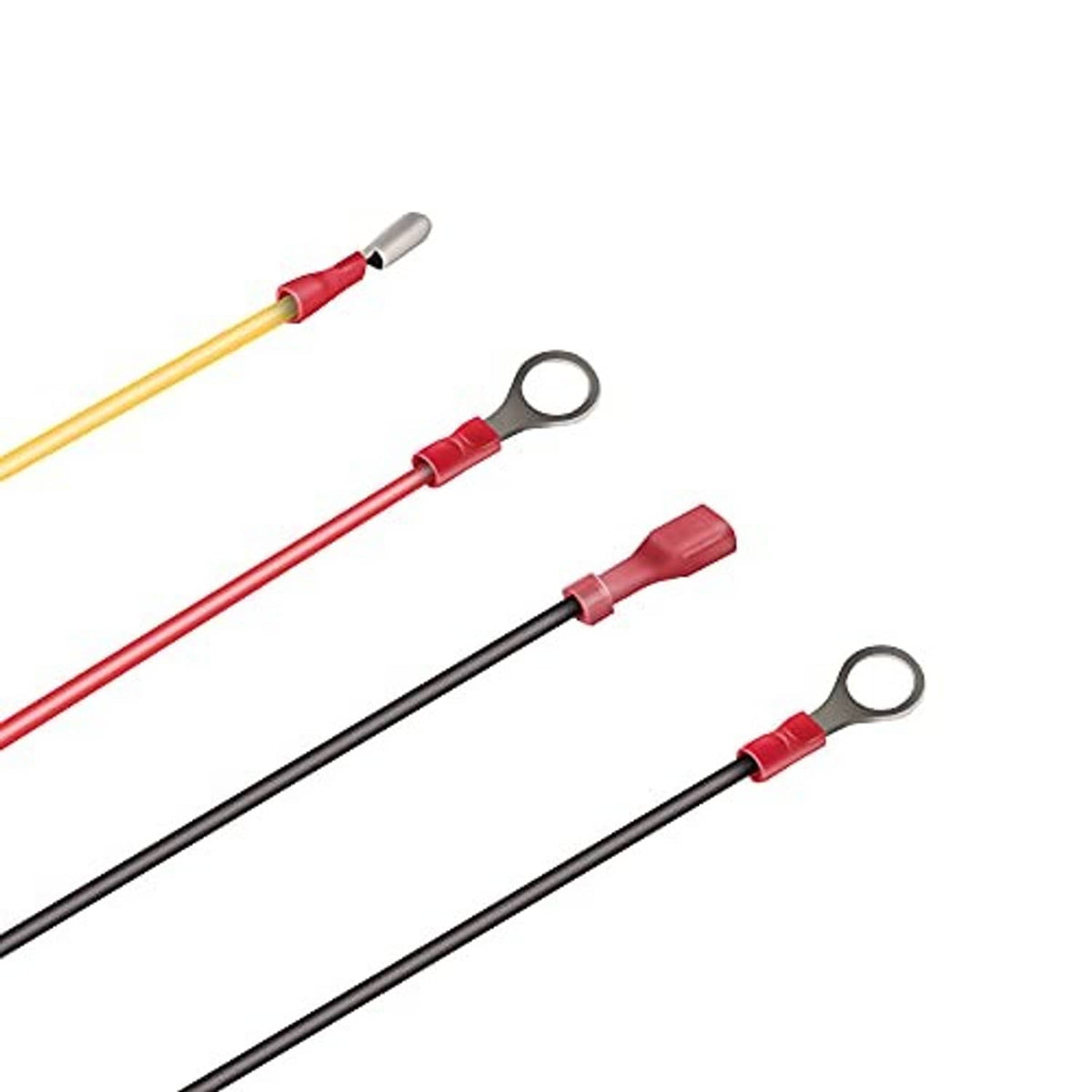 Regulator wire leads with ring terminals, red and black wires with yellow lead section