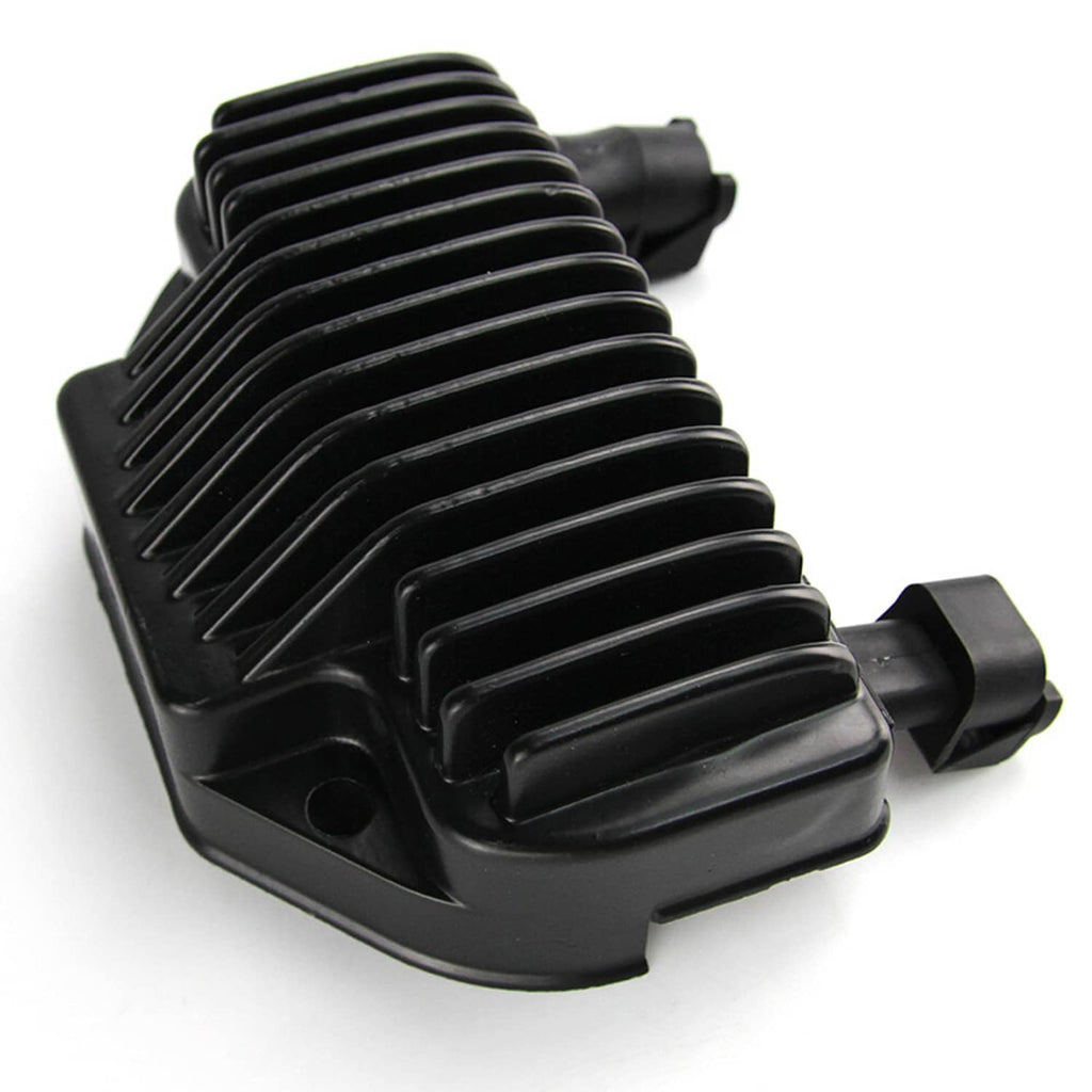Motorcycle voltage regulator with black finned housing and connector plugs
