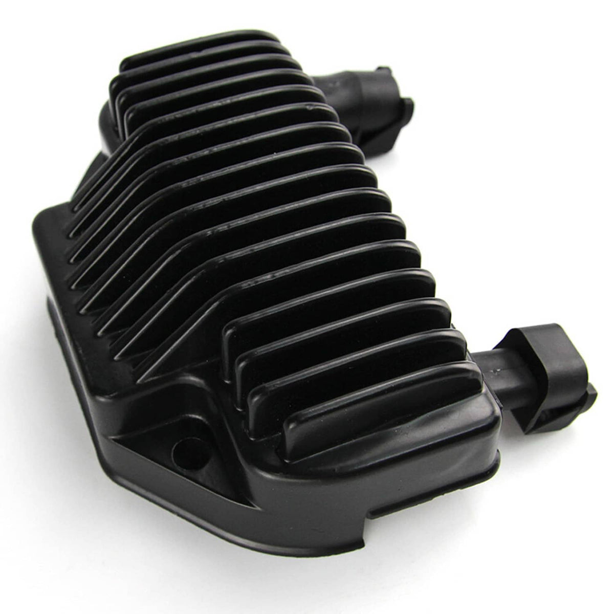 Motorcycle voltage regulator with black finned housing and connector plugs