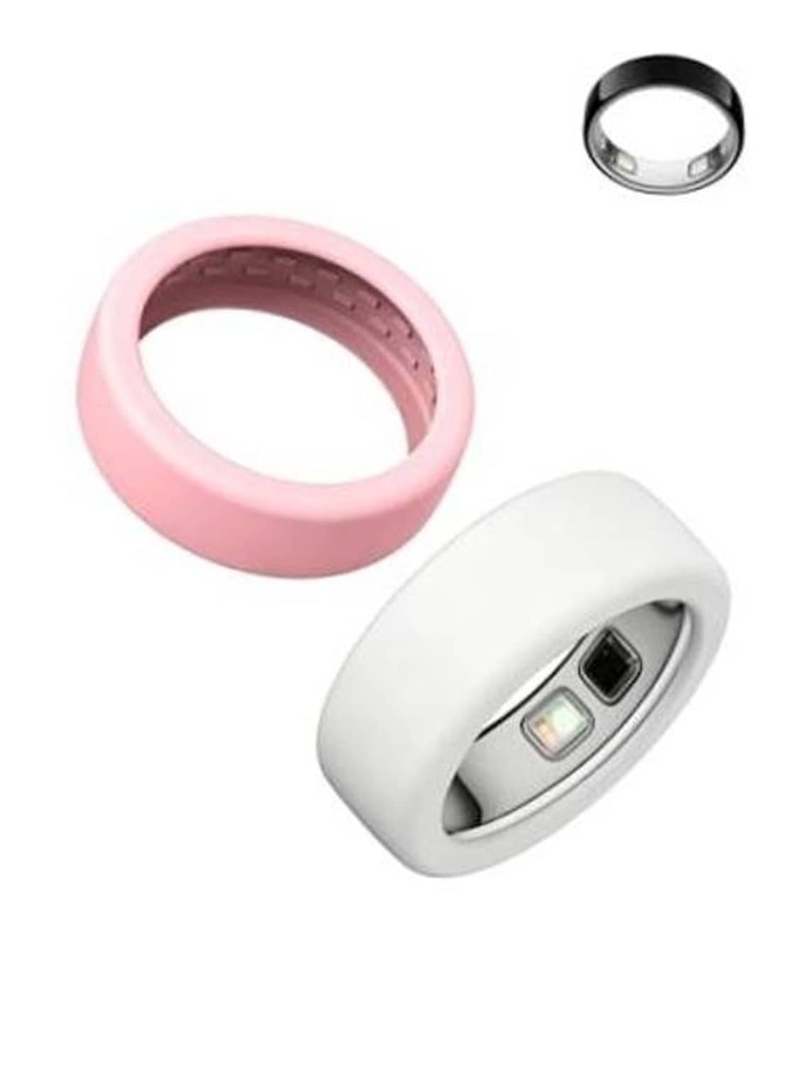 Two silicone ring cases: pink and white, with open interiors for smart ring