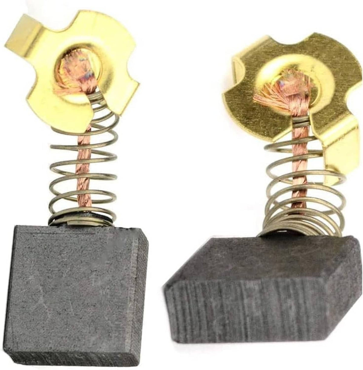Two gold carbon brushes with gray blocks and coiled copper springs