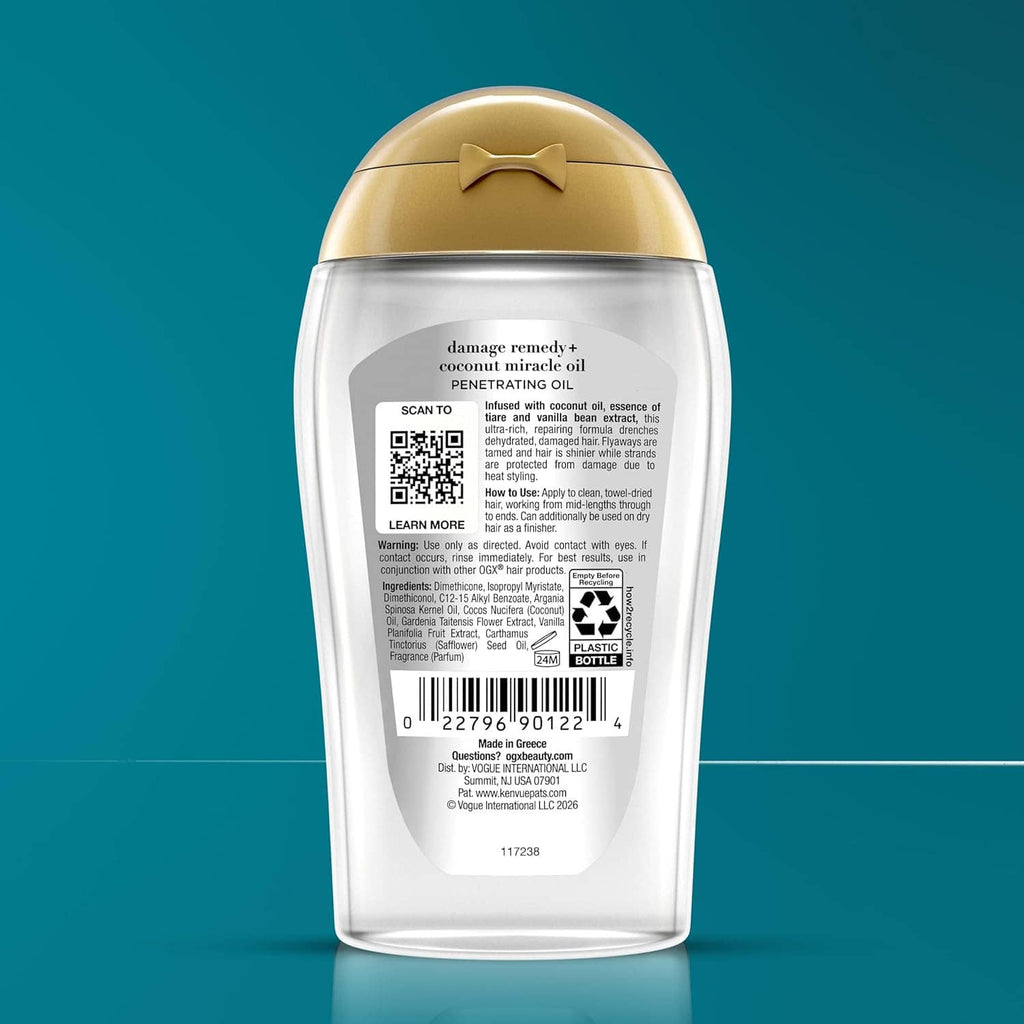 Back label of coconut miracle oil penetrating hair oil bottle with barcode panel