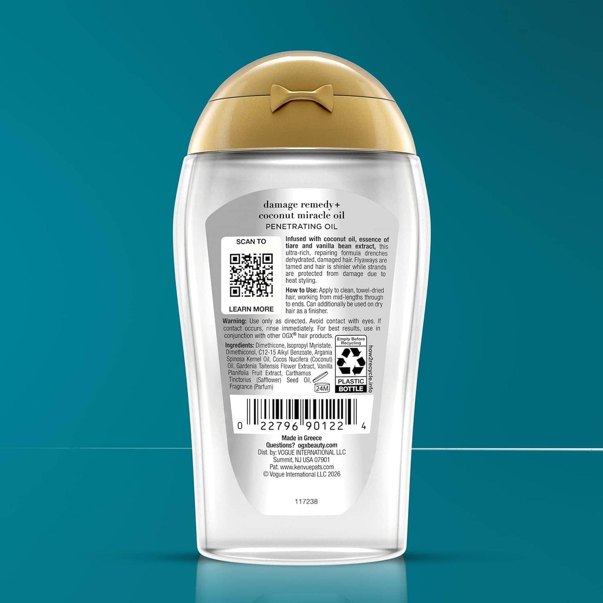 Back label of coconut miracle oil penetrating hair oil bottle with barcode panel