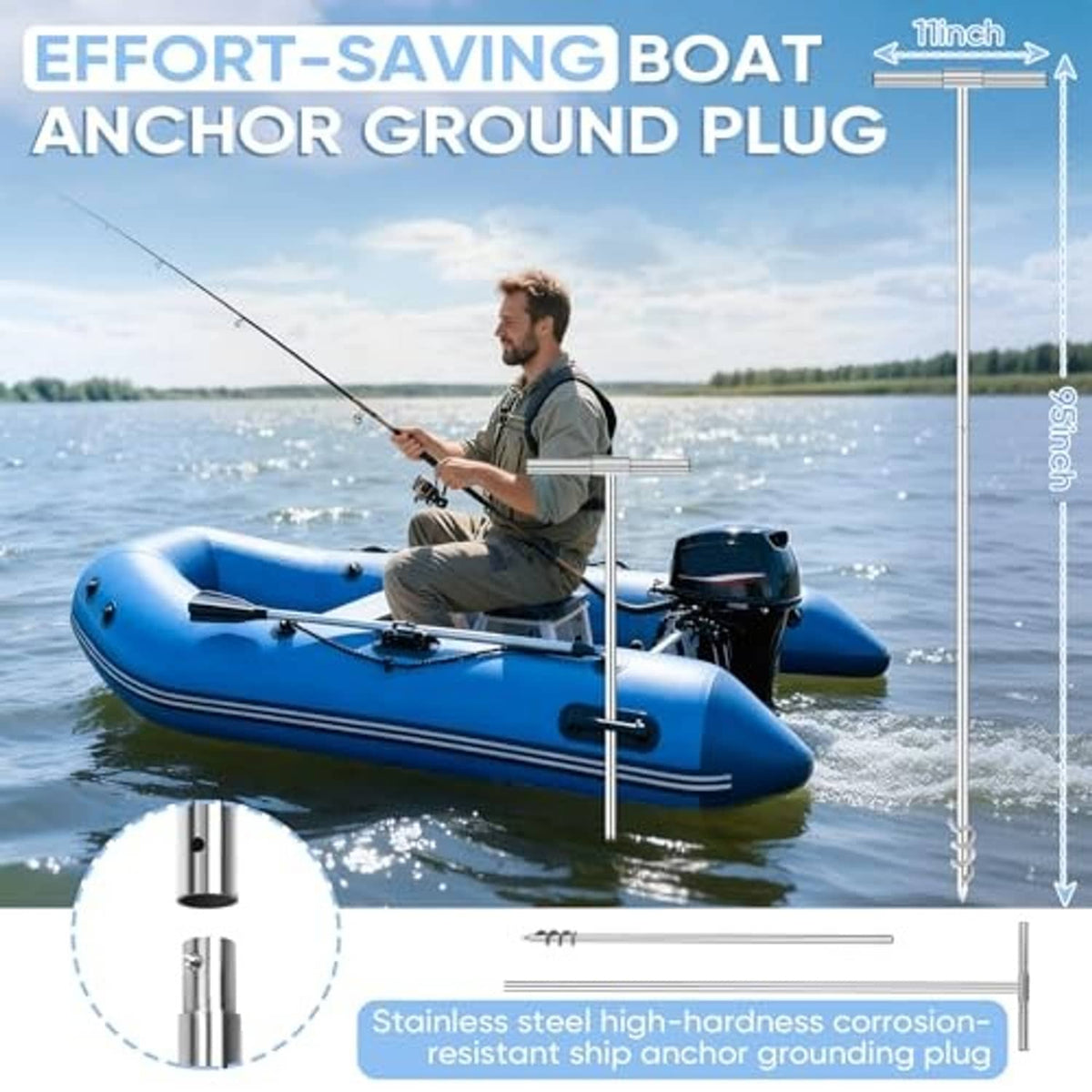 Boat anchor ground plug with vertical anchor pole and hanging rope