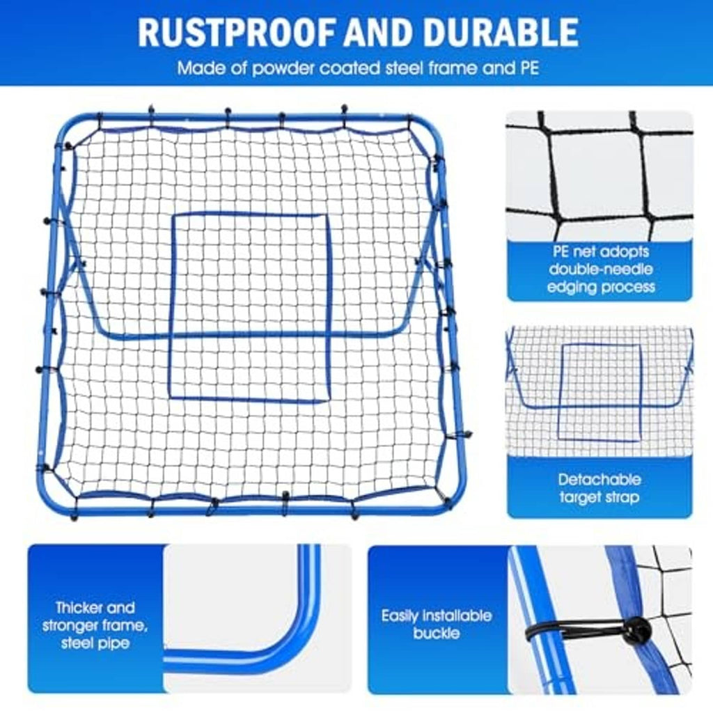 Durable blue rebounder net with PE mesh and steel frame, reinforced edges and corner loops.