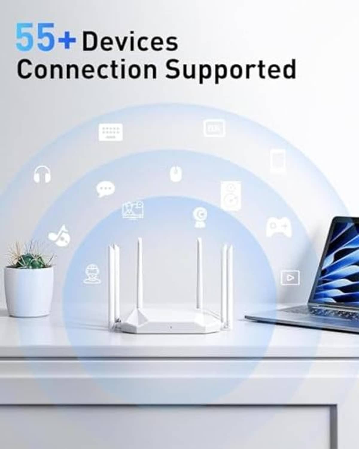 White WiFi router centered under an arched network diagram, four antennas visible.