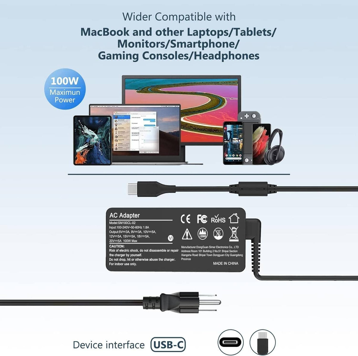 Black AC adapter with USB-C connector and two-prong plug