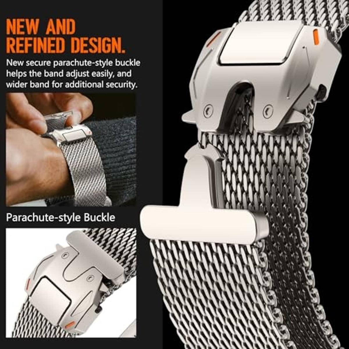 Silver Milanese mesh loop watch band with parachute-style buckle clasp